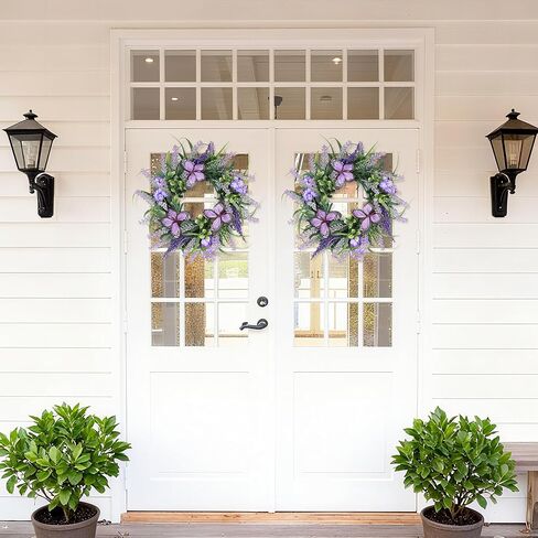Spring Lavender Wreaths for Front Door 15 inch, Summer Purple Door Wreath with Butterflies and Greenery, All Season Artificial Wreath Decoration for Home Wall Window Farmhouse Indoor Outdoor in Saudi Arabia