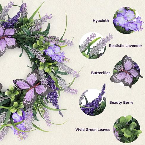 Spring Lavender Wreaths for Front Door 15 inch, Summer Purple Door Wreath with Butterflies and Greenery, All Season Artificial Wreath Decoration for Home Wall Window Farmhouse Indoor Outdoor in Saudi Arabia