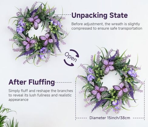 Spring Lavender Wreaths for Front Door 15 inch, Summer Purple Door Wreath with Butterflies and Greenery, All Season Artificial Wreath Decoration for Home Wall Window Farmhouse Indoor Outdoor in Saudi Arabia