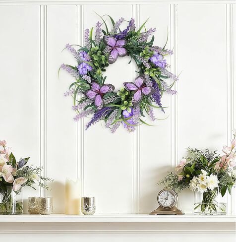 Spring Lavender Wreaths for Front Door 15 inch, Summer Purple Door Wreath with Butterflies and Greenery, All Season Artificial Wreath Decoration for Home Wall Window Farmhouse Indoor Outdoor in Saudi Arabia