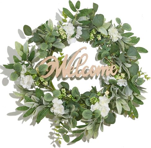 Heleze Front Door Wreath with Welcome Sign, 18'' Artificial Eucalyptus Wreaths Faux Greenery Wildflower Wreath Year Round for Indoor Outdoor Farmhouse Spring Summer All Season in Saudi Arabia