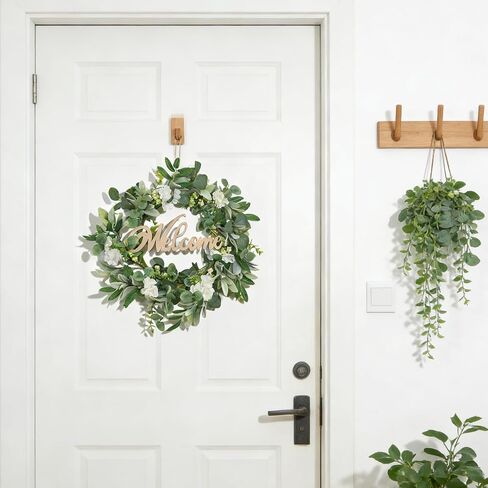 Heleze Front Door Wreath with Welcome Sign, 18'' Artificial Eucalyptus Wreaths Faux Greenery Wildflower Wreath Year Round for Indoor Outdoor Farmhouse Spring Summer All Season in Saudi Arabia