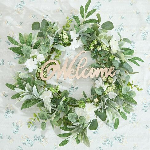 Heleze Front Door Wreath with Welcome Sign, 18'' Artificial Eucalyptus Wreaths Faux Greenery Wildflower Wreath Year Round for Indoor Outdoor Farmhouse Spring Summer All Season in Saudi Arabia