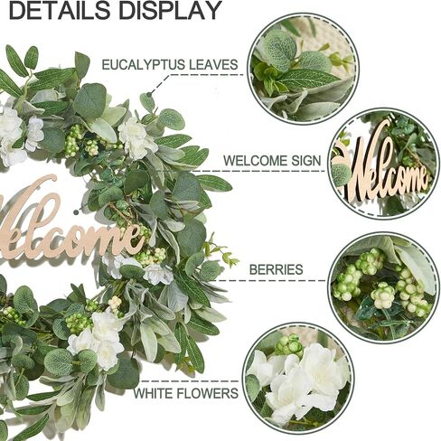 Heleze Front Door Wreath with Welcome Sign, 18'' Artificial Eucalyptus Wreaths Faux Greenery Wildflower Wreath Year Round for Indoor Outdoor Farmhouse Spring Summer All Season in Saudi Arabia