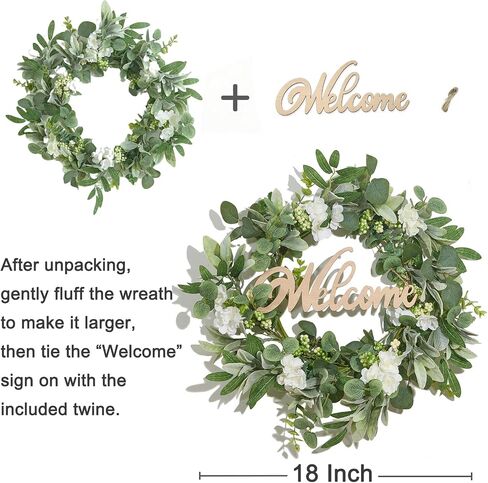 Heleze Front Door Wreath with Welcome Sign, 18'' Artificial Eucalyptus Wreaths Faux Greenery Wildflower Wreath Year Round for Indoor Outdoor Farmhouse Spring Summer All Season in Saudi Arabia