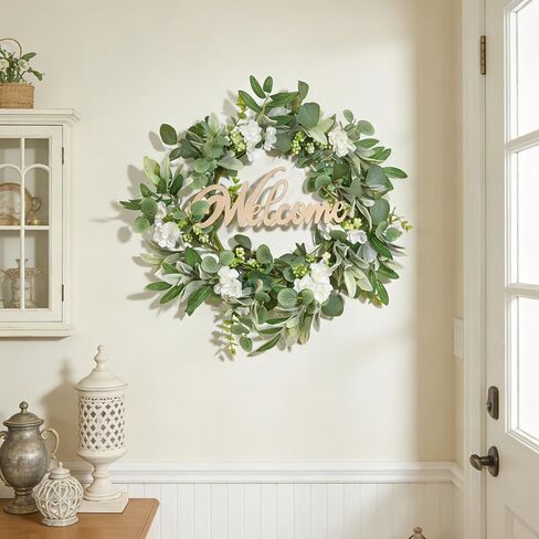 Heleze Front Door Wreath with Welcome Sign, 18'' Artificial Eucalyptus Wreaths Faux Greenery Wildflower Wreath Year Round for Indoor Outdoor Farmhouse Spring Summer All Season in Saudi Arabia