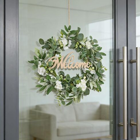 Heleze Front Door Wreath with Welcome Sign, 18'' Artificial Eucalyptus Wreaths Faux Greenery Wildflower Wreath Year Round for Indoor Outdoor Farmhouse Spring Summer All Season in Saudi Arabia