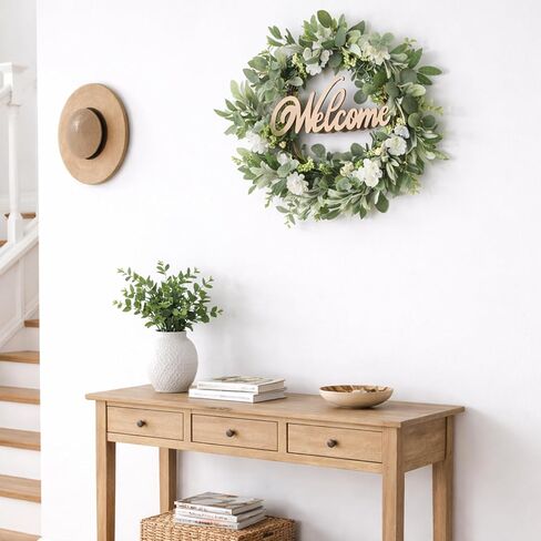 Heleze Front Door Wreath with Welcome Sign, 18'' Artificial Eucalyptus Wreaths Faux Greenery Wildflower Wreath Year Round for Indoor Outdoor Farmhouse Spring Summer All Season in Saudi Arabia