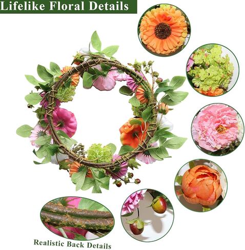 18 Inch Summer Wreaths for Front Door, Colorful Spring Summer Floral Wreath with Peony, Hydrangea and Greenery, Premium Artificial Wreath for Porch Wall Entryway Farmhouse Home Decor in Saudi Arabia