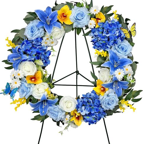 MUVIC Cemetery Wreath with Grave Holder, Artificial Flower Wreaths for Gravesit Decoration for You Loved Ones,Blue Rose Yellow Cemetery in Saudi Arabia