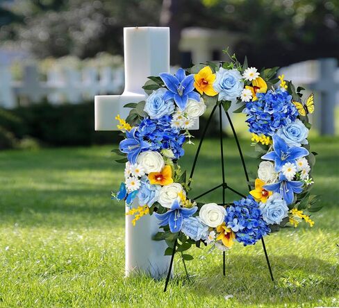 MUVIC Cemetery Wreath with Grave Holder, Artificial Flower Wreaths for Gravesit Decoration for You Loved Ones,Blue Rose Yellow Cemetery in Saudi Arabia