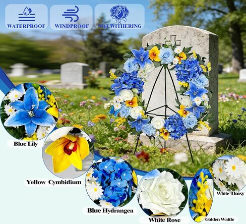 MUVIC Cemetery Wreath with Grave Holder, Artificial Flower Wreaths for Gravesit Decoration for You Loved Ones,Blue Rose Yellow Cemetery in Saudi Arabia