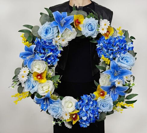 MUVIC Cemetery Wreath with Grave Holder, Artificial Flower Wreaths for Gravesit Decoration for You Loved Ones,Blue Rose Yellow Cemetery in Saudi Arabia