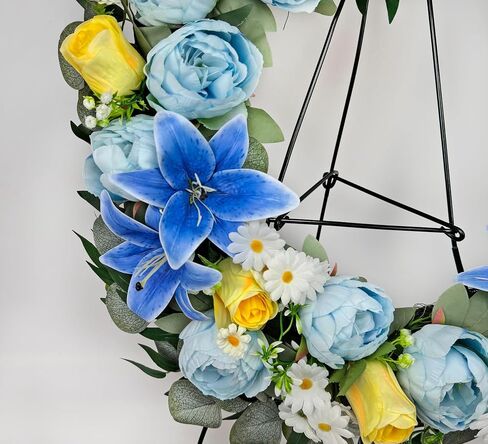MUVIC Cemetery Wreath with Grave Holder, Artificial Flower Wreaths for Gravesit Decoration for You Loved Ones,Blue Rose Yellow Cemetery in Saudi Arabia
