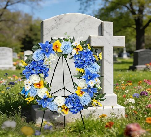 MUVIC Cemetery Wreath with Grave Holder, Artificial Flower Wreaths for Gravesit Decoration for You Loved Ones,Blue Rose Yellow Cemetery in Saudi Arabia