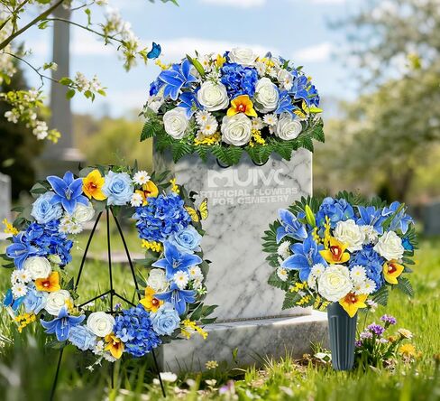 MUVIC Cemetery Wreath with Grave Holder, Artificial Flower Wreaths for Gravesit Decoration for You Loved Ones,Blue Rose Yellow Cemetery in Saudi Arabia