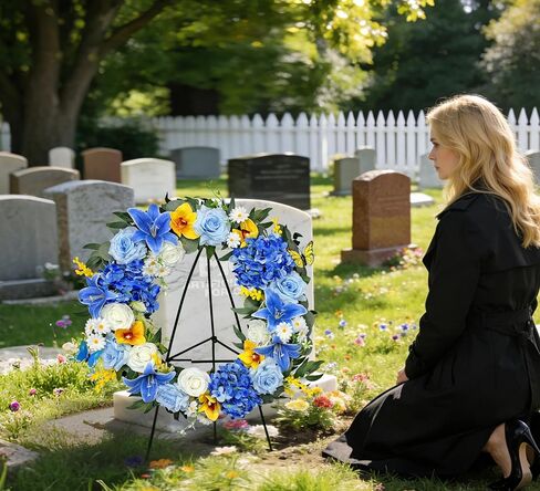 MUVIC Cemetery Wreath with Grave Holder, Artificial Flower Wreaths for Gravesit Decoration for You Loved Ones,Blue Rose Yellow Cemetery in Saudi Arabia