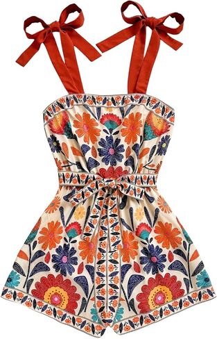 SweatyRocks Women's Boho Tie Shoulder Floral Sleeveless Belted Romper Short Jumpsuit Summer Beach Vacation Outfits in Kuwait