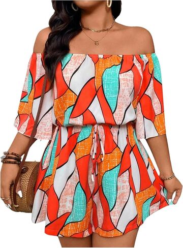 SHENHE Women's Plus Size Off The Shoulder Romper Short Sleeve Summer Casual Flowy Shorts Jumpsuit in Kuwait