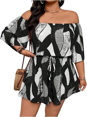 SHENHE Women's Plus Size Off The Shoulder Romper Short Sleeve Summer Casual Flowy Shorts Jumpsuit in Kuwait