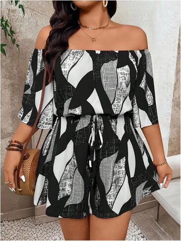 SHENHE Women's Plus Size Off The Shoulder Romper Short Sleeve Summer Casual Flowy Shorts Jumpsuit in Kuwait