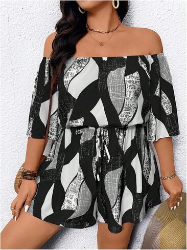 SHENHE Women's Plus Size Off The Shoulder Romper Short Sleeve Summer Casual Flowy Shorts Jumpsuit in Kuwait