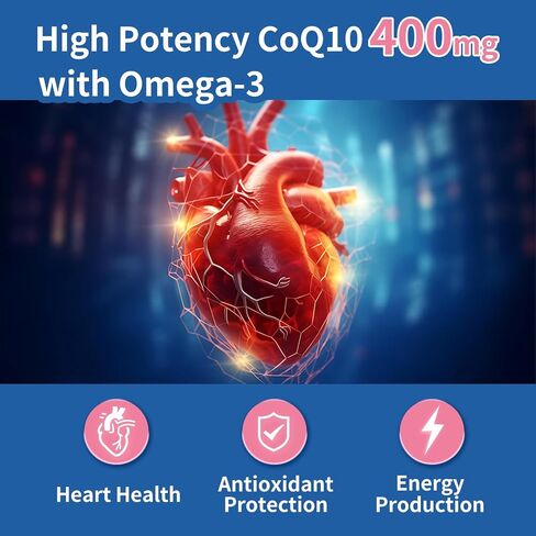 CoQ10 400 مجم مع أحماض أوميجا 3 الدهنية، 300 كبسولة هلامية | شكل مستقر عالي الامتصاص - دعم مضاد للأكسدة بشكل عام وصحة الطاقة - مكمل الإنزيم المساعد Q10 ذو القوة الإضافية in Kuwait