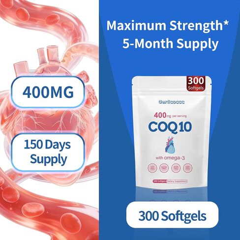 CoQ10 400 مجم مع أحماض أوميجا 3 الدهنية، 300 كبسولة هلامية | شكل مستقر عالي الامتصاص - دعم مضاد للأكسدة بشكل عام وصحة الطاقة - مكمل الإنزيم المساعد Q10 ذو القوة الإضافية in Kuwait