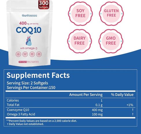 CoQ10 400 مجم مع أحماض أوميجا 3 الدهنية، 300 كبسولة هلامية | شكل مستقر عالي الامتصاص - دعم مضاد للأكسدة بشكل عام وصحة الطاقة - مكمل الإنزيم المساعد Q10 ذو القوة الإضافية in Kuwait