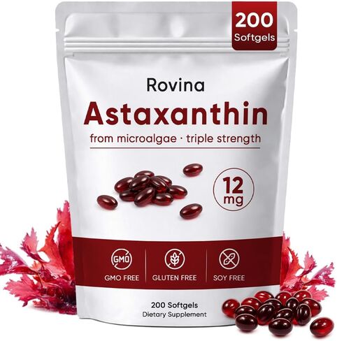 Rovina Astaxanthin 12mg Softgels - Premium Astaxanthin from Microalgae, Triple Strength, Immune Support - Non-GMO & Gluten Free 200 Softgels (1) in Saudi Arabia