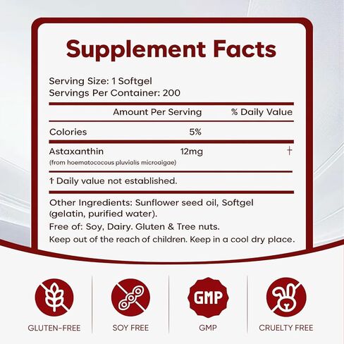 Rovina Astaxanthin 12mg Softgels - Premium Astaxanthin from Microalgae, Triple Strength, Immune Support - Non-GMO & Gluten Free 200 Softgels (1) in Saudi Arabia