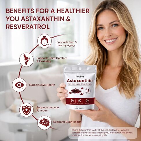 Rovina Astaxanthin 12mg Softgels - Premium Astaxanthin from Microalgae, Triple Strength, Immune Support - Non-GMO & Gluten Free 200 Softgels (1) in Saudi Arabia