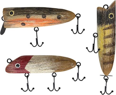 Zeckos 9.5 Inch Fishing Lure Wall Decor Set of 3 Rustic Wood and Metal Multicolor Nautical Fish Plaques with Glass Eyes for Lake House, Cabin, Coastal Bathroom or Fishing-Themed Wall Art in Kuwait