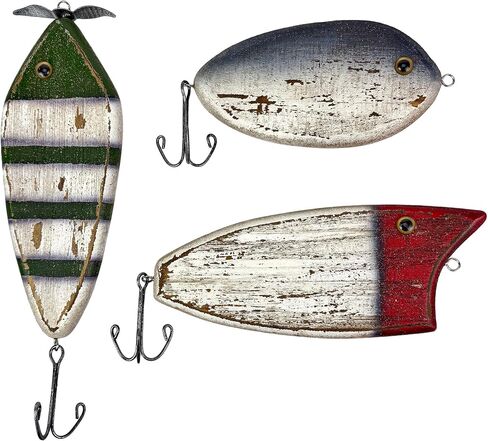 Zeckos 9.5 Inch Fishing Lure Wall Decor Set of 3 Rustic Wood and Metal Multicolor Nautical Fish Plaques with Glass Eyes for Lake House, Cabin, Coastal Bathroom or Fishing-Themed Wall Art in Kuwait
