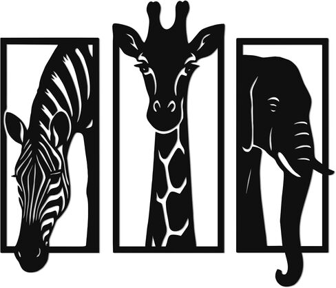 JEWLOVE Zebra Giraffe Elephant Wall Art, 3-Piece Safari Animal Metal Decor, Wildlife Wall Art for Living Room, Bedroom, Nursery in Kuwait