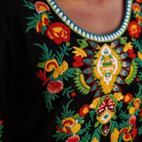 3/4 Sleeve Floral Embroidered Peasant Top for Women Plus Size Mexican Boho Blouse, Casual Vacation Tunic, Soft Cotton in Saudi Arabia