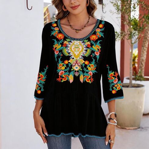 3/4 Sleeve Floral Embroidered Peasant Top for Women Plus Size Mexican Boho Blouse, Casual Vacation Tunic, Soft Cotton in Saudi Arabia