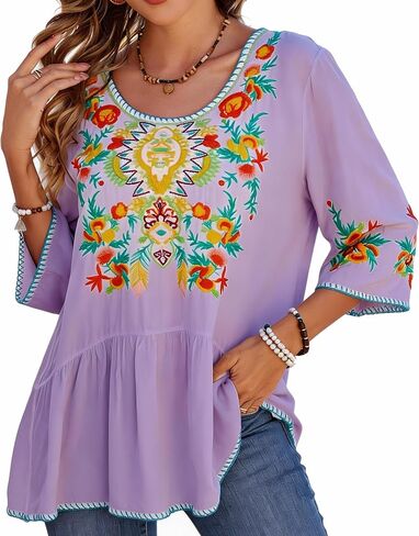 3/4 Sleeve Floral Embroidered Peasant Top for Women Plus Size Mexican Boho Blouse, Casual Vacation Tunic, Soft Cotton in Saudi Arabia