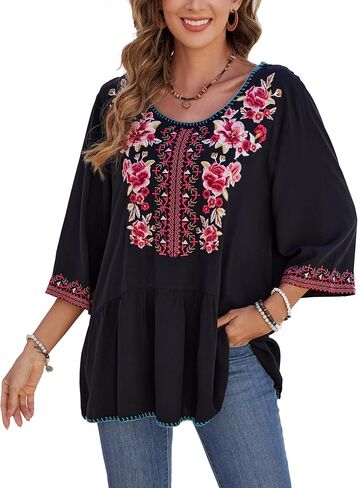 3/4 Sleeve Floral Embroidered Peasant Top for Women Plus Size Mexican Boho Blouse, Casual Vacation Tunic, Soft Cotton in Saudi Arabia