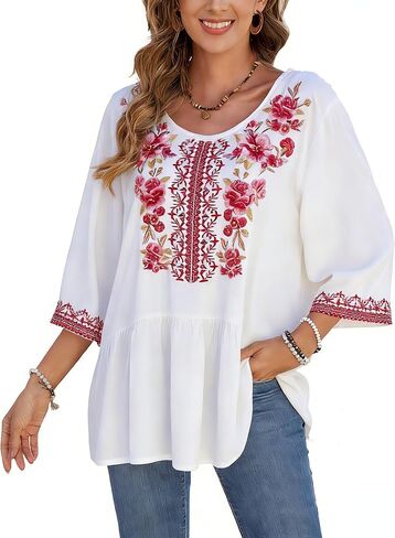 3/4 Sleeve Floral Embroidered Peasant Top for Women Plus Size Mexican Boho Blouse, Casual Vacation Tunic, Soft Cotton in Saudi Arabia