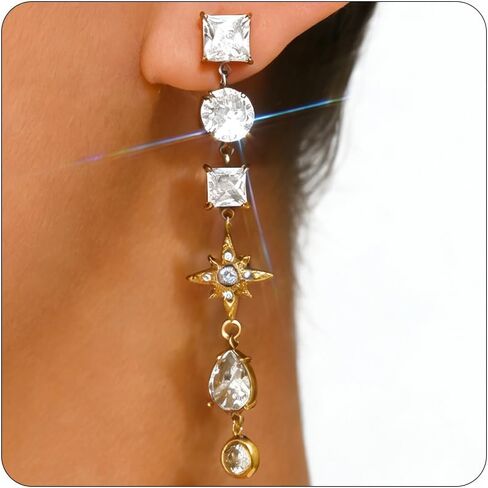 Dangle Earrings for Women 18K Gold Plated Cubic Zirconia Long Drop Earrings Dainty Baguette Pear Star CZ Stud Earring Trendy Diamond Teardrop Earring in Saudi Arabia