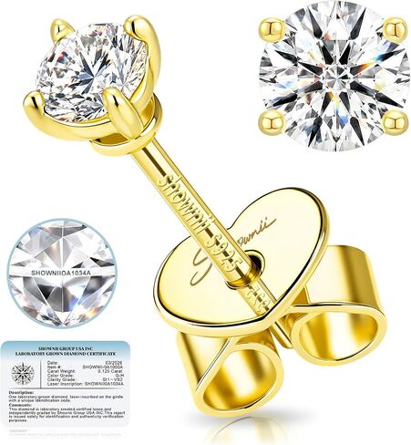 SHOWNII Diamond Earrings Certified LAB GROWN Diamond Stud Earrings for Women 0.25 Carat 14K Gold Plated 925 Sterling Silver 4-Prong Push Back Round Cut (G-H Color, SI1-VS2 Clarity) in Saudi Arabia