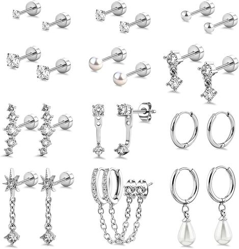 CLESIA 12 Pairs Flat Back Earrings for Women, 20G Hypoallergenic Surgical Steel Stud Earrings for Sensitive Ears, Small 14K Gold Plated Cartilage Earring, Dainty Tragus Helix Conch earring stacks for Multiple Piercing in Kuwait