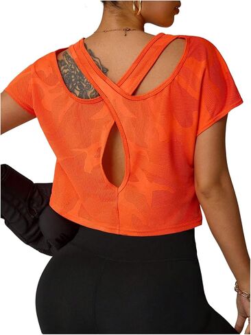 OYOANGLE Women's Criss Cross Open Back Workout Tops Short Sleeve Crew Neck Athletic Gym Tee Top in Kuwait