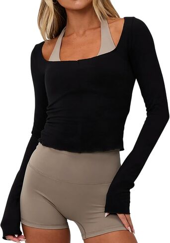 Women Off the Shoulder Workout Top Sheer Long Sleeve Slim Fit Gym Pilates Yoga Tops Cute Going Out Active T Shirts in Saudi Arabia