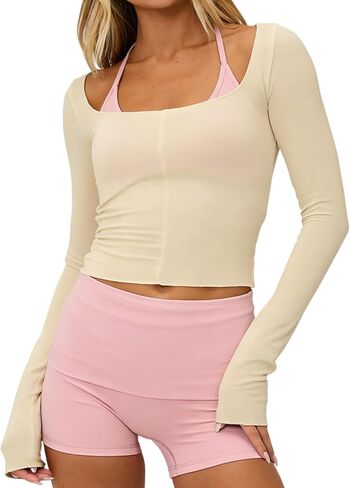 Women Off the Shoulder Workout Top Sheer Long Sleeve Slim Fit Gym Pilates Yoga Tops Cute Going Out Active T Shirts in Saudi Arabia