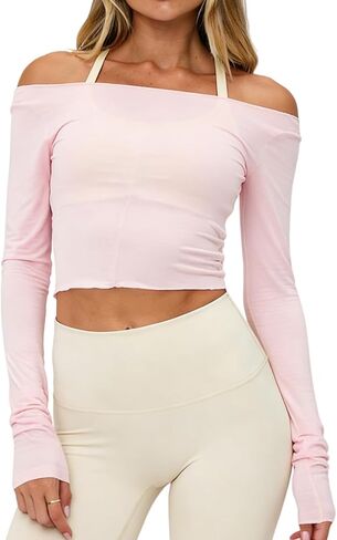 Women Off the Shoulder Workout Top Sheer Long Sleeve Slim Fit Gym Pilates Yoga Tops Cute Going Out Active T Shirts in Saudi Arabia