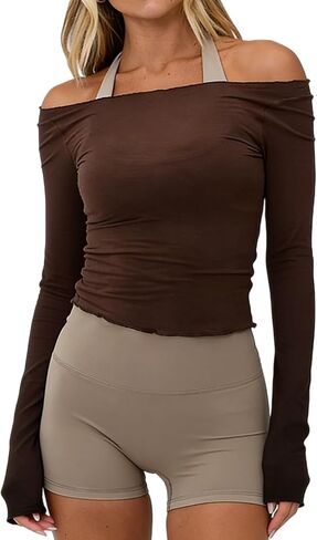 Women Off the Shoulder Workout Top Sheer Long Sleeve Slim Fit Gym Pilates Yoga Tops Cute Going Out Active T Shirts in Saudi Arabia