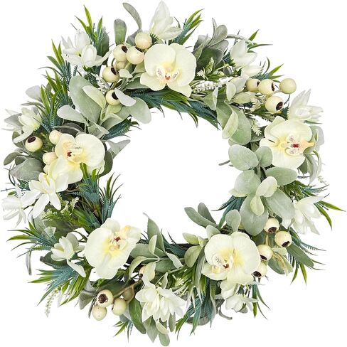 White Orchid Wreath for Front Door, 22 Inch Spring Summer Wreath with Soft Lamb's Ear and Cream Berries, Handcrafted Artificial Floral Wreath for Farmhouse, Indoor and Outdoor Year-Round Decor in Saudi Arabia