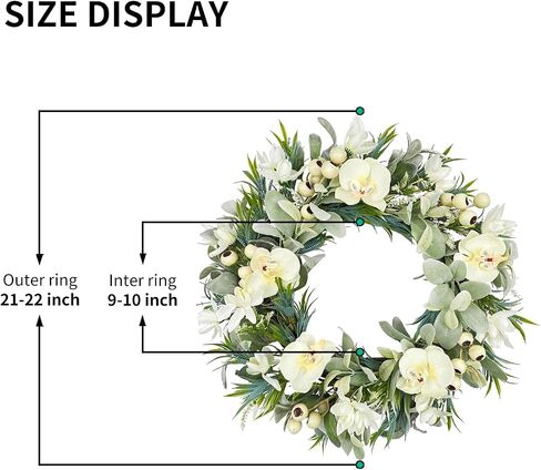 White Orchid Wreath for Front Door, 22 Inch Spring Summer Wreath with Soft Lamb's Ear and Cream Berries, Handcrafted Artificial Floral Wreath for Farmhouse, Indoor and Outdoor Year-Round Decor in Saudi Arabia